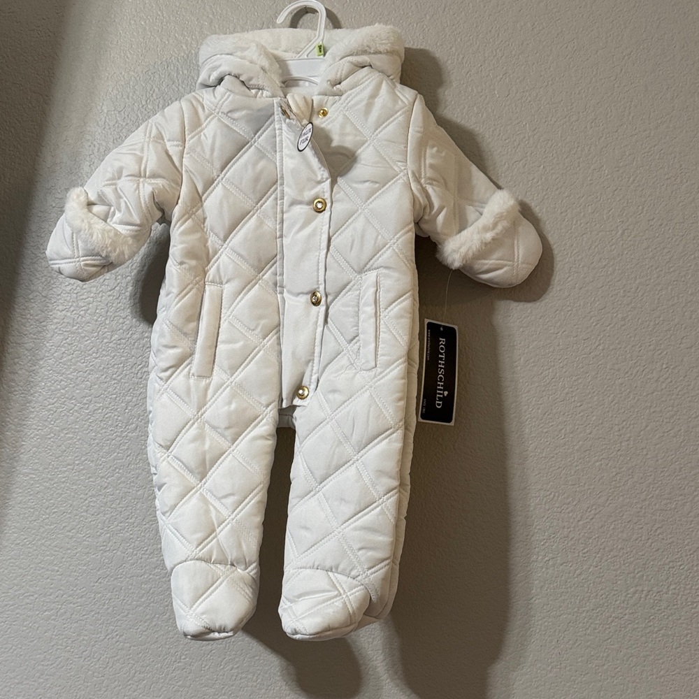 White Quilted Baby Snowsuit with Hood